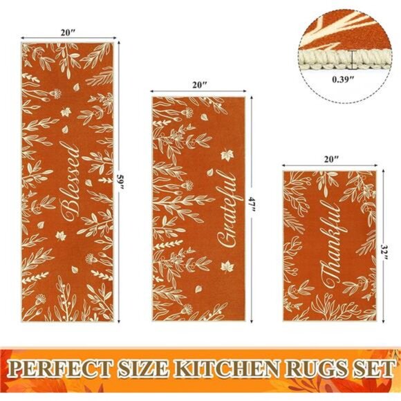 Fall Kitchen Rug Sets of 3, Pumpkin Truck Floor Mats, Farmhouse Non Skid - Picture 2 of 7